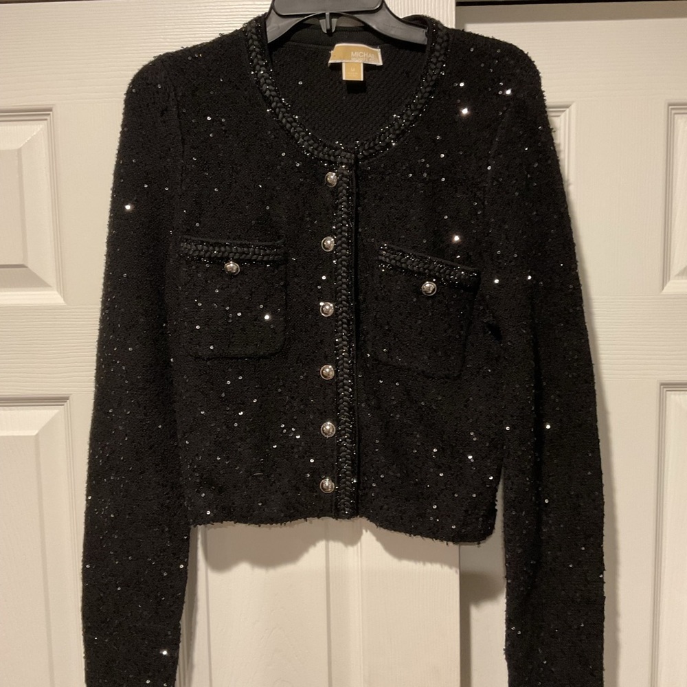 Michael Kors Black Bling Sequin Tweed Cardigan Cardi Knit Sweater Jacket y2k, M